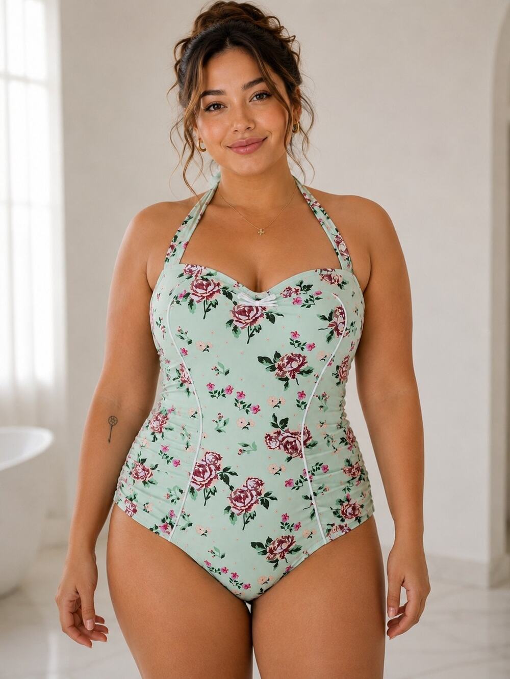 Unique Vintage Pin Up Floral One Piece Halter 2XL Retro Cottage Bathing Suit